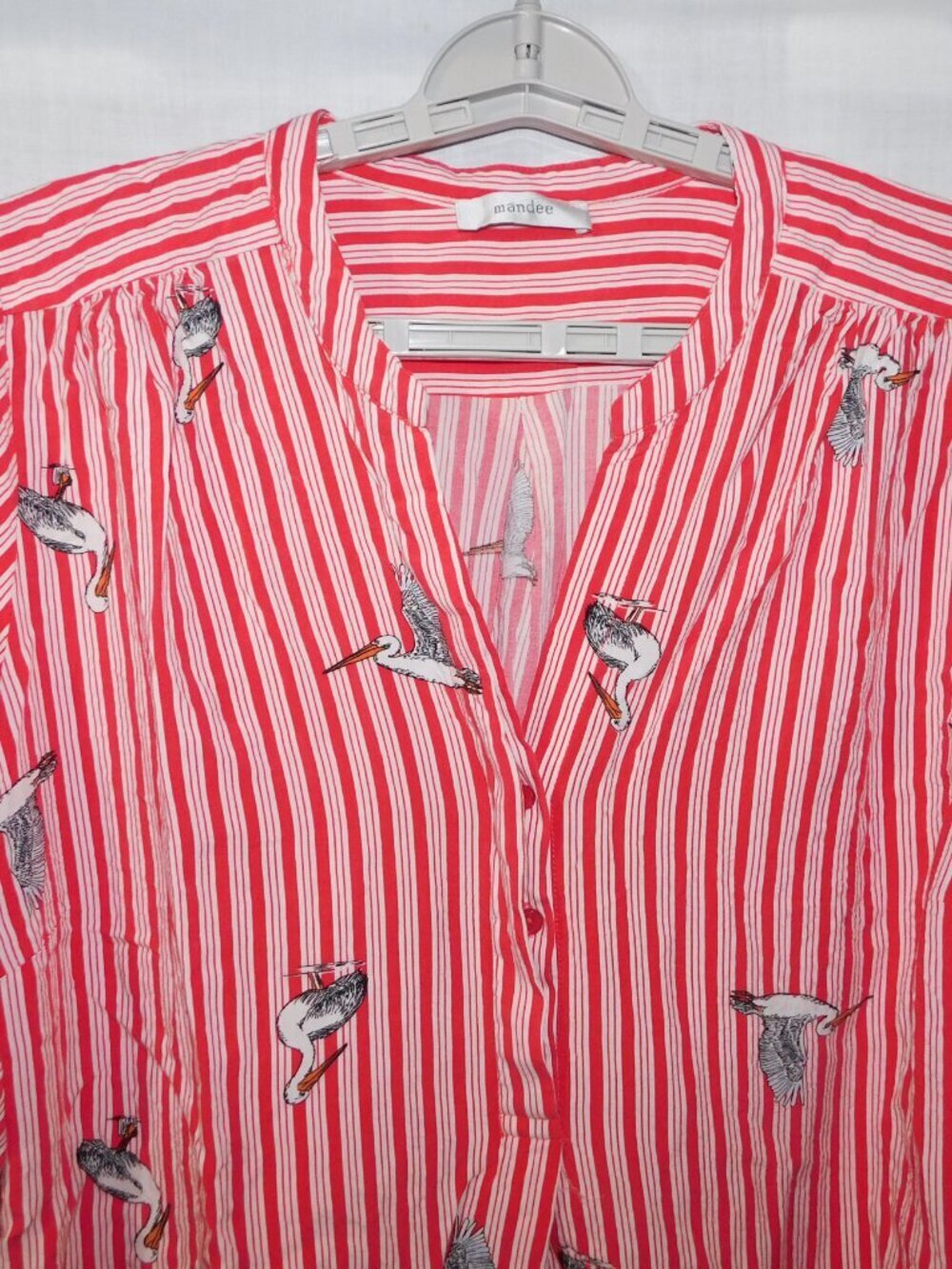 Mandee Red White Striped Heron Bird Print 3/4 Sleeve V neck Blouse Womens 2X - Picture 2 of 12